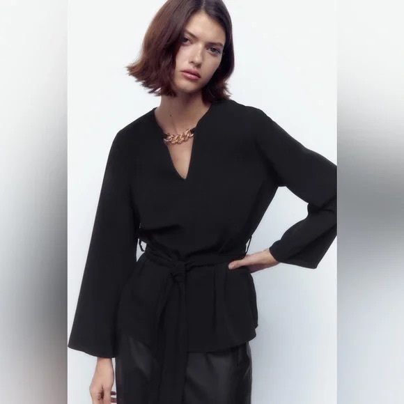 Zara Tops - Zara belted black top with gold chain aplique